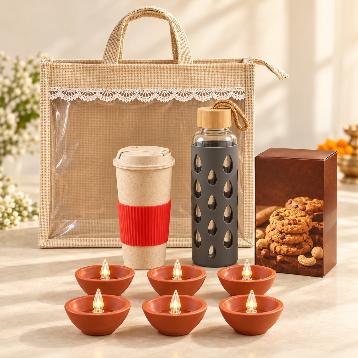 Celebrations set of 4: bamboo fibre mug with red sleeve, glass bottle in grey silicone sleeve, cookie box and six LED diyas before a jute bag
