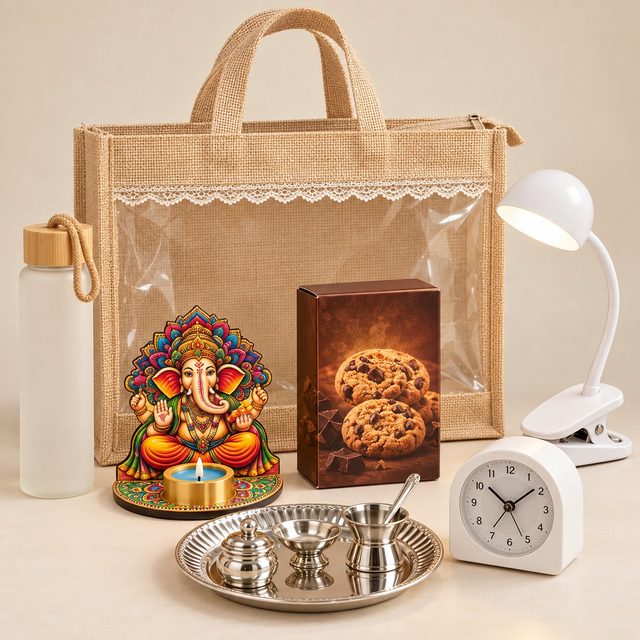 Celebrations set of 6: frosted bottle, MDF Ganesha with diya, cookie box, clip-on lamp, alarm clock and mini pooja thali before a jute bag