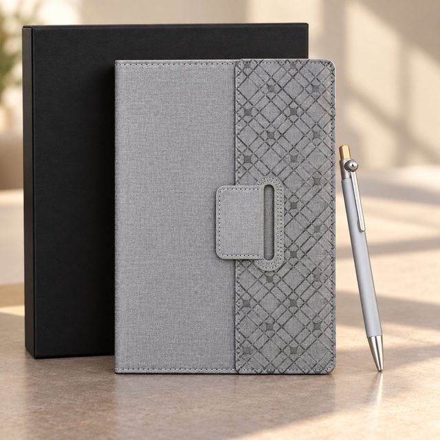 Grey notebook set of 2: A5 notebook with patterned magnetic flap and silver fidget-ball pen beside a black gift box