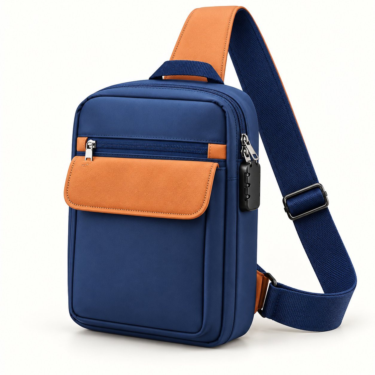 Navy travel sling bag with tan front flap, side lock and adjustable strap