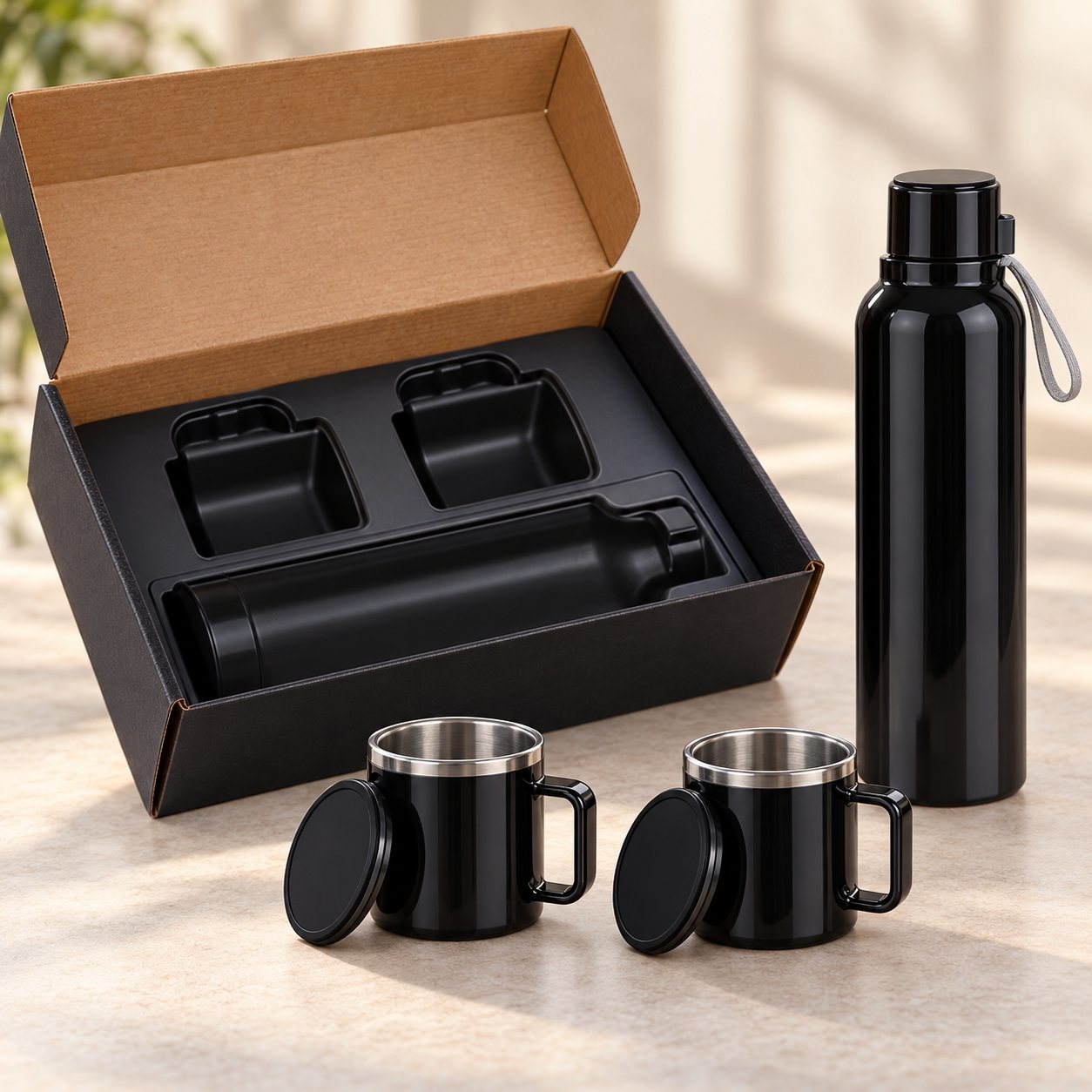 Black insulated bottle and cups set
