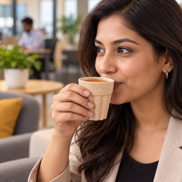 Four natural beige wheat-straw cutting chai cups
