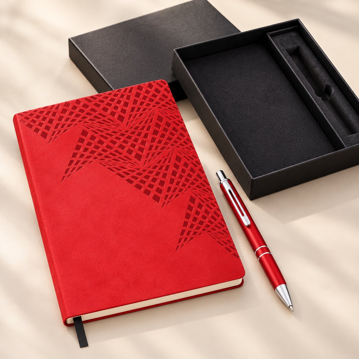 Red A5 notebook and metal pen