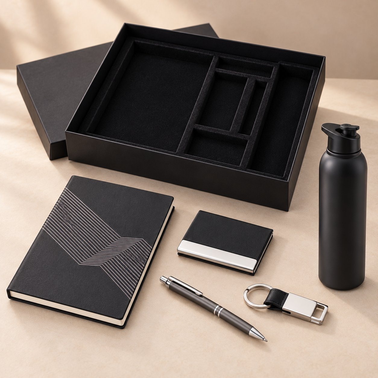 Black five-piece gift set with steel bottle