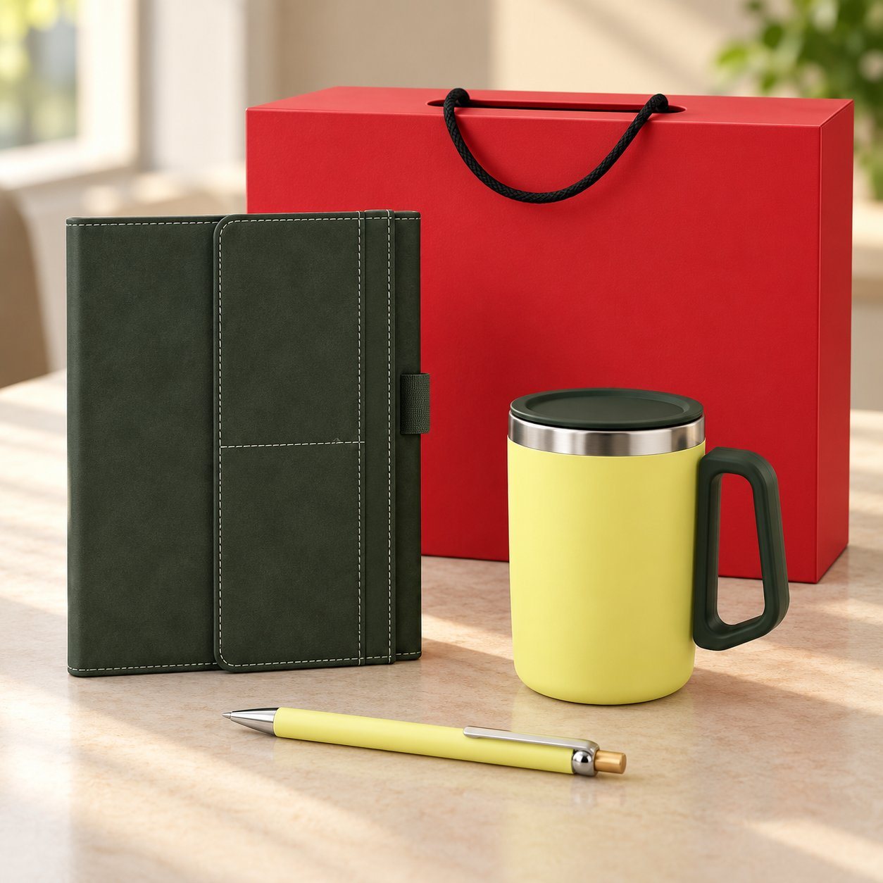 Desk set of 3: green magnetic notebook, yellow steel mug with green lid and yellow pen before a red magnetic box