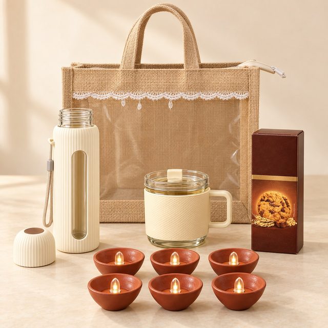 Celebrations set of 4: grooved cream glass bottle, mini glass mug, cookie box and six LED diyas in front of a jute gift bag