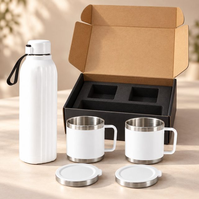 White ribbed square insulated bottle and two white steel cups with lids before an open gift box