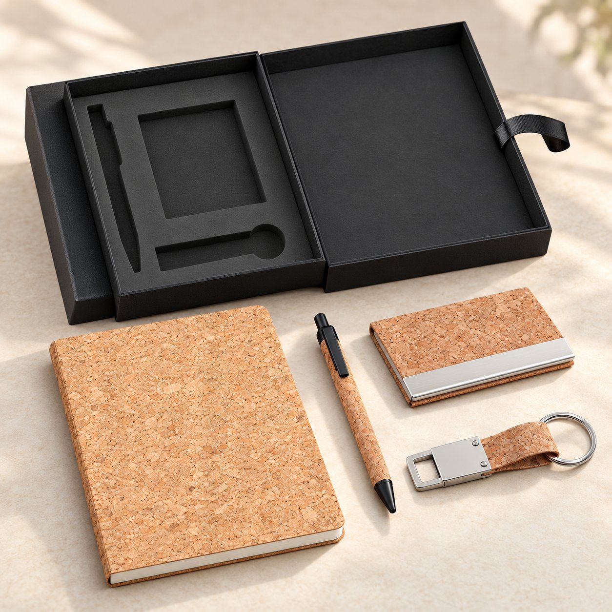 Cork A5 notebook, cork pen, steel and cork card holder and cork keychain in front of an open two-layer black box