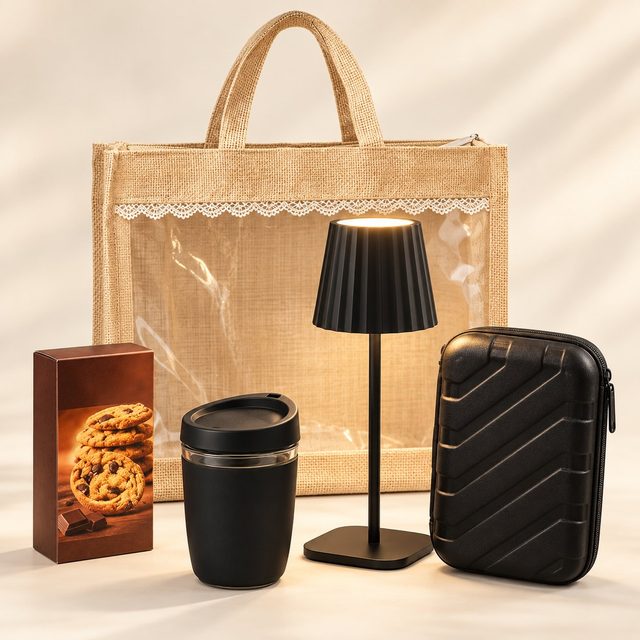 Celebrations set of 4: black rechargeable lamp, black glass mug, black hard-shell organiser and cookie box before a jute bag