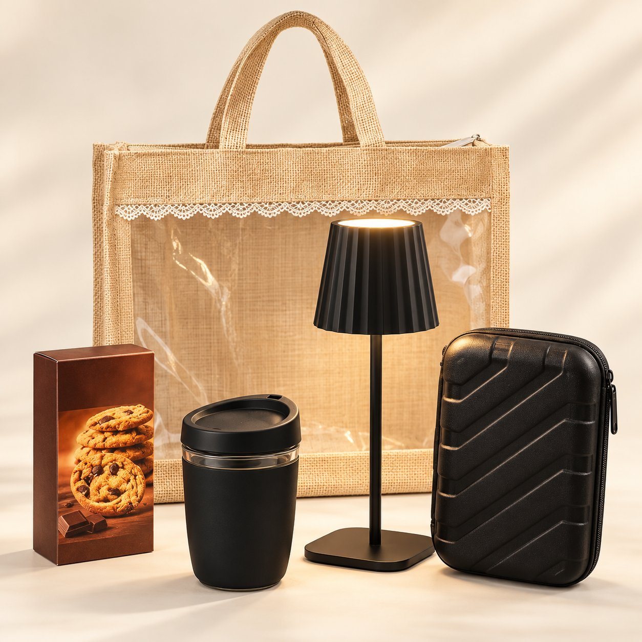 Celebrations set of 4: black rechargeable lamp, black glass mug, black hard-shell organiser and cookie box before a jute bag