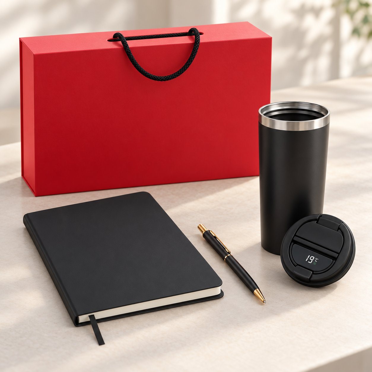 Desk set of 3: black A5 notebook, black and gold metal pen and black steel mug with temperature display lid before a red magnetic box