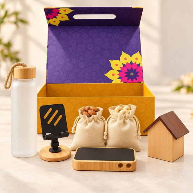 Celebrations set of 6: frosted bottle, mobile stand, almond and cashew pouches, bamboo wireless charger and wooden house clock before a purple magnetic box