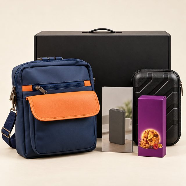 Travel gift set: navy and orange travel bag, black hard-shell organiser, power bank and cookies with a black gift box