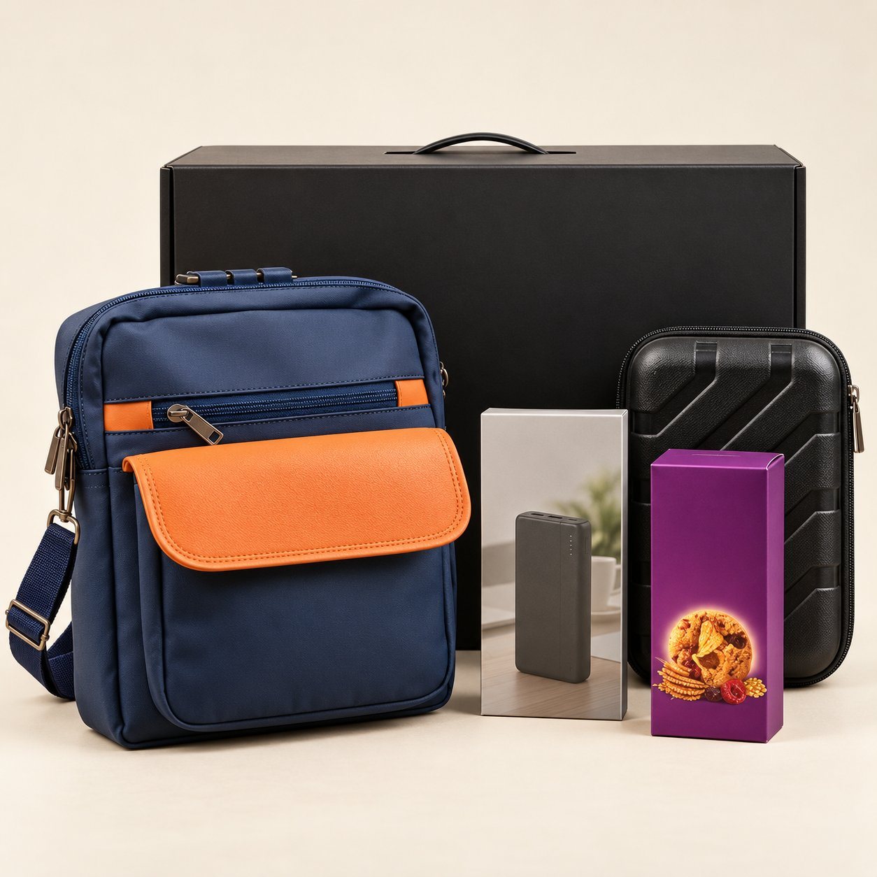 Travel gift set: navy and orange travel bag, black hard-shell organiser, power bank and cookies with a black gift box