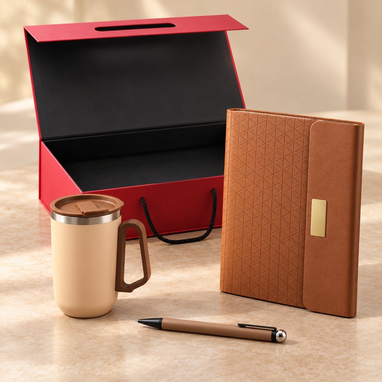 Desk set of 3: brown textured magnetic notebook, cream steel mug with brown handle and brown pen before a red magnetic box