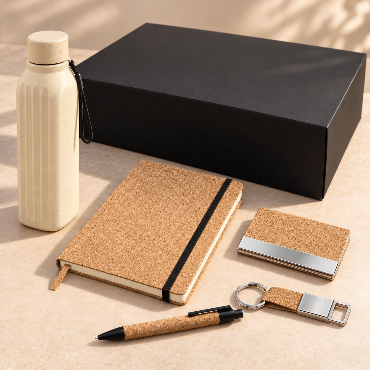 Eco cork set: cream square bottle, cork A5 notebook, cork pen, cork card holder and cork-strap keychain beside a black gift box