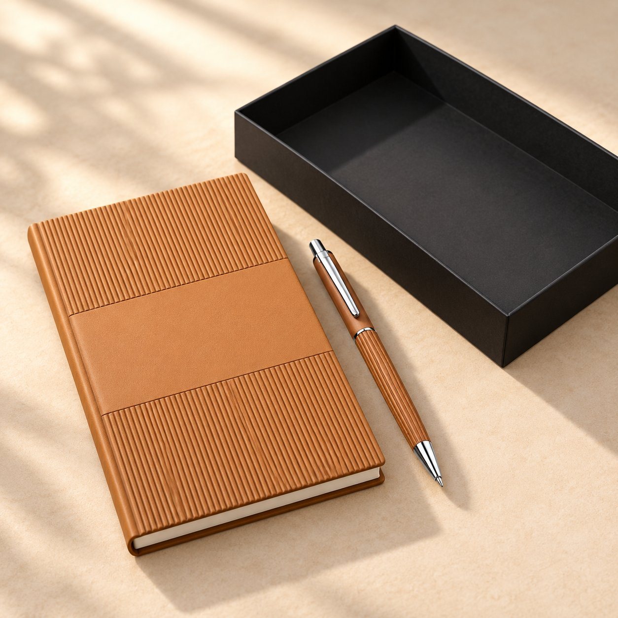 Tan ribbed A6 notebook with matching tan brass pen beside an open black hard board box