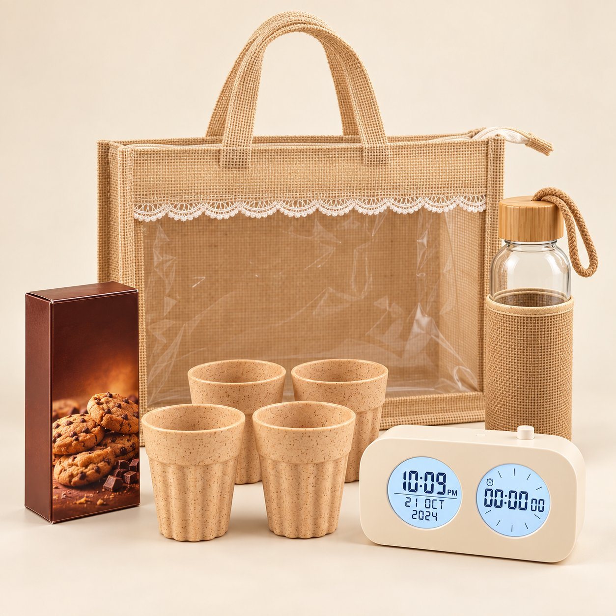 Celebrations set of 4: four eco chai cups, backlit timer clock, glass bottle with jute sleeve and cookie box before a jute bag