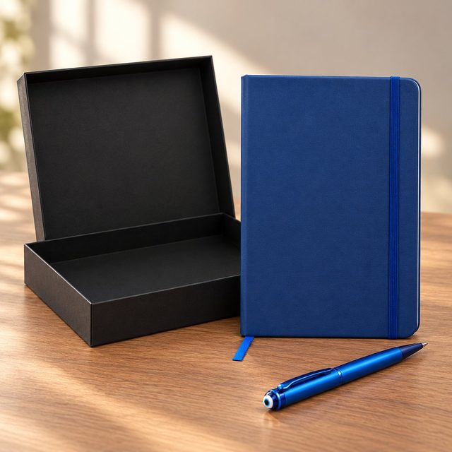 Notebook set of 2: deep blue A5 notebook and blue evil eye metal pen beside a black gift box