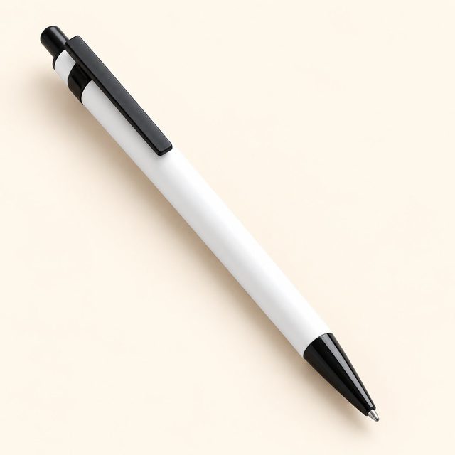 White matte metal pen with black clip and tip