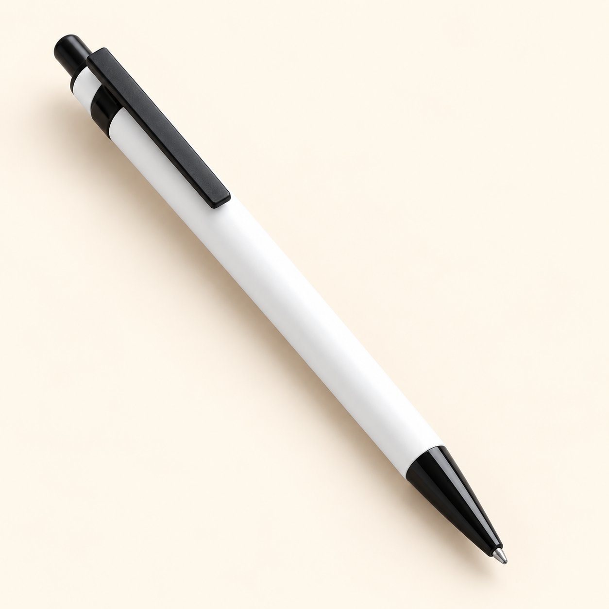 White matte metal pen with black clip and tip