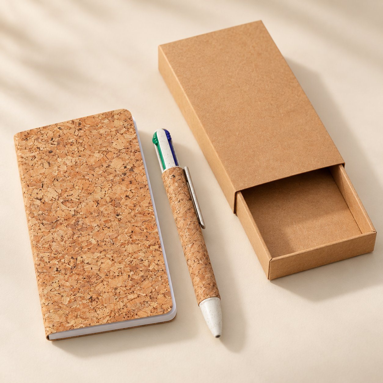 Pocket cork notebook and cork 4-colour pen beside an open kraft box