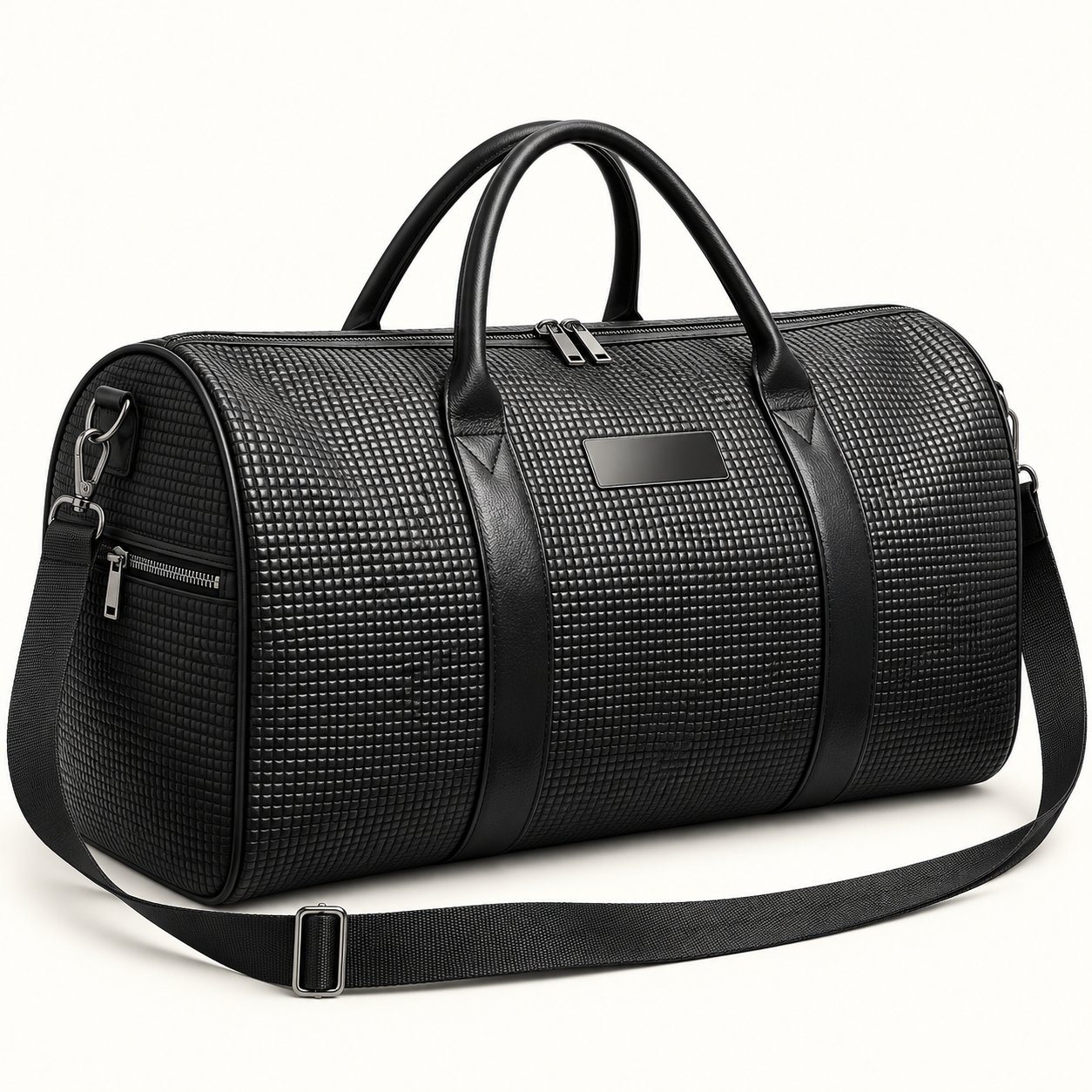 Black embossed weekender duffel
