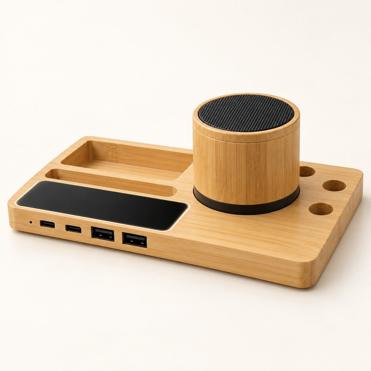 PowerGlow SoundHub bamboo desk organiser with cylindrical speaker, USB ports, pen holes and black branding plate