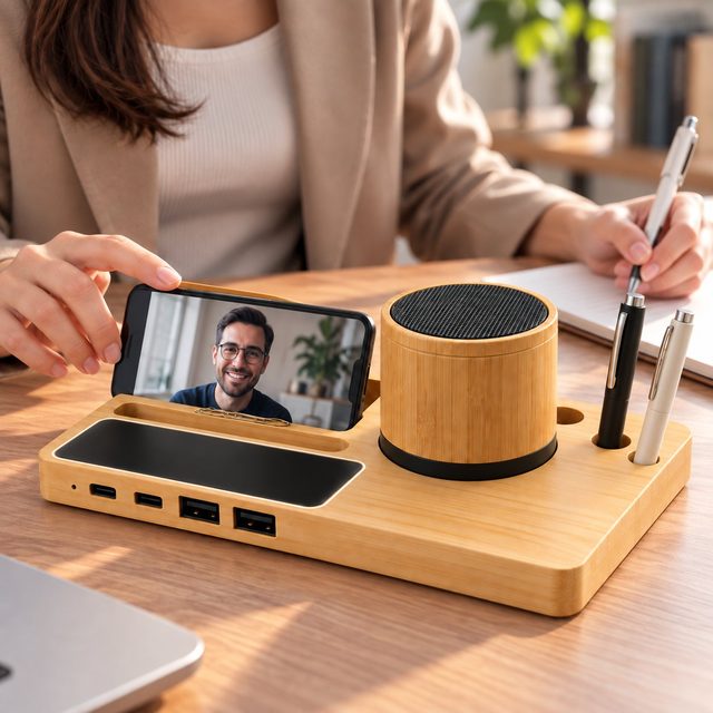 PowerGlow SoundHub bamboo desk organiser with cylindrical speaker, USB ports, pen holes and black branding plate
