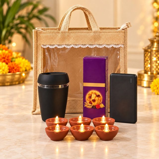 Celebrations set of 4: black glass mug with silicone cover, cookie box, black power bank and six LED diyas before a jute bag