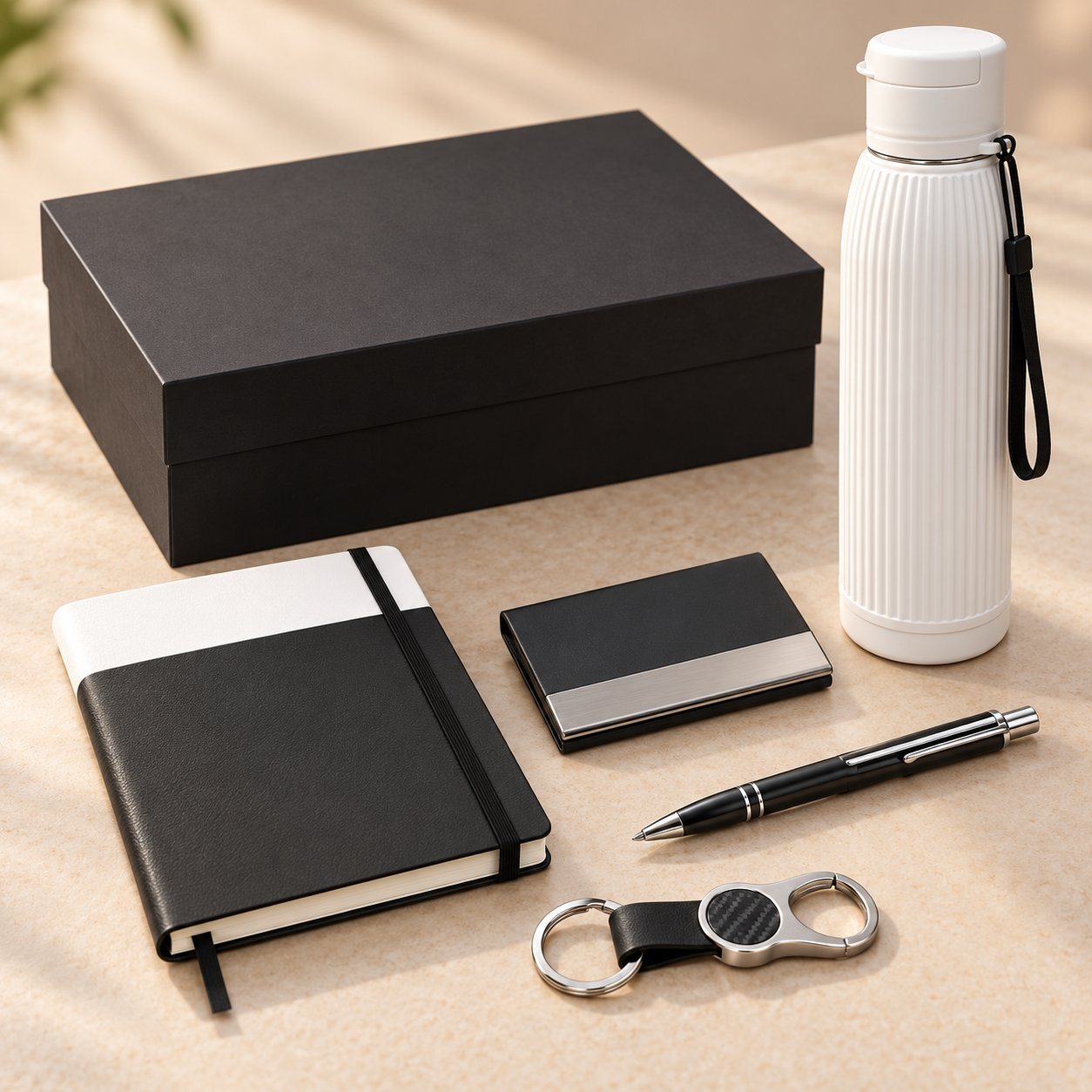 Executive set of 5: white ribbed steel bottle, black and white A5 notebook, metal pen, keychain and card holder beside a black gift box