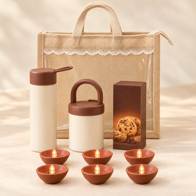 Celebrations set of 4: cream glass bottle with brown strap cap, phone-stand glass jar, cookie box and six LED diyas before a jute bag