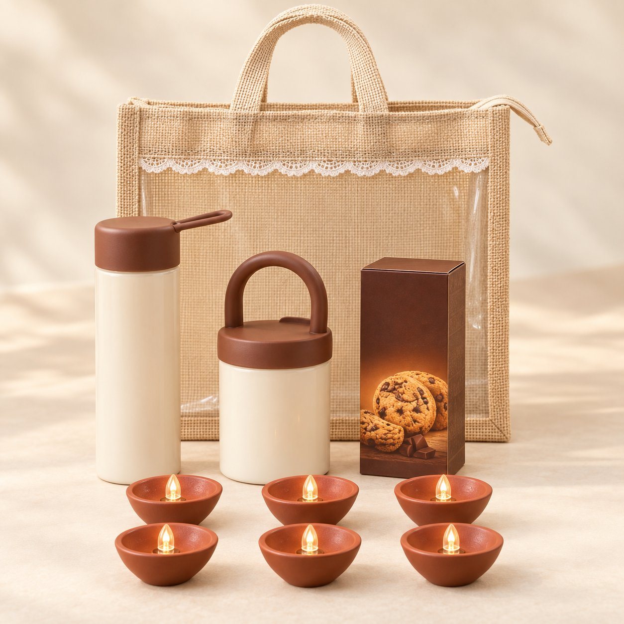 Celebrations set of 4: cream glass bottle with brown strap cap, phone-stand glass jar, cookie box and six LED diyas before a jute bag