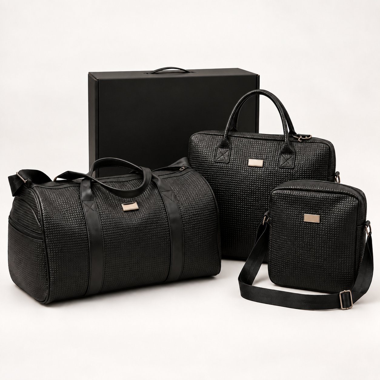 Premium 3-bag travel set: black textured duffel, laptop bag and sling with a black gift box