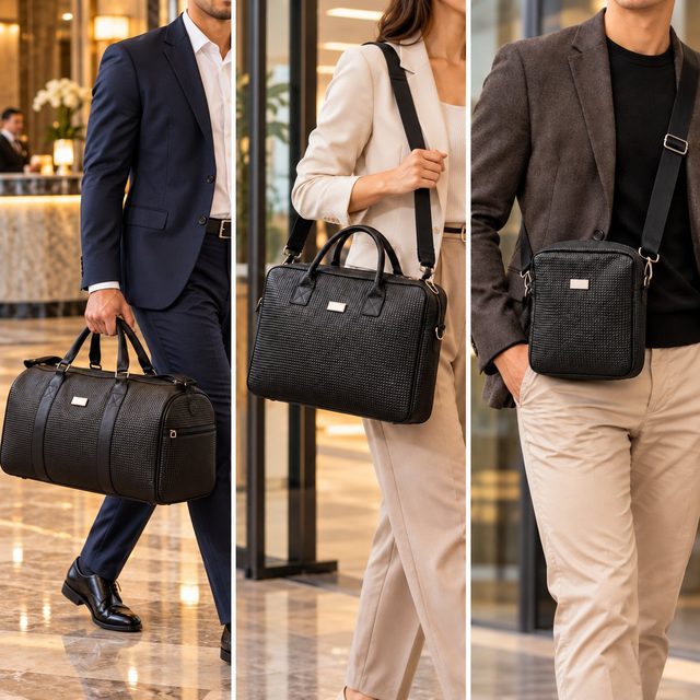 Premium 3-bag travel set: black textured duffel, laptop bag and sling with a black gift box
