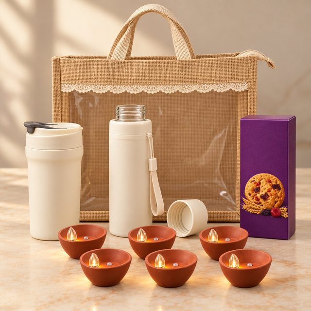 Celebrations set of 4: cream dual-sip glass mug, glass bottle, purple cookie box and six LED diyas in front of a jute gift bag