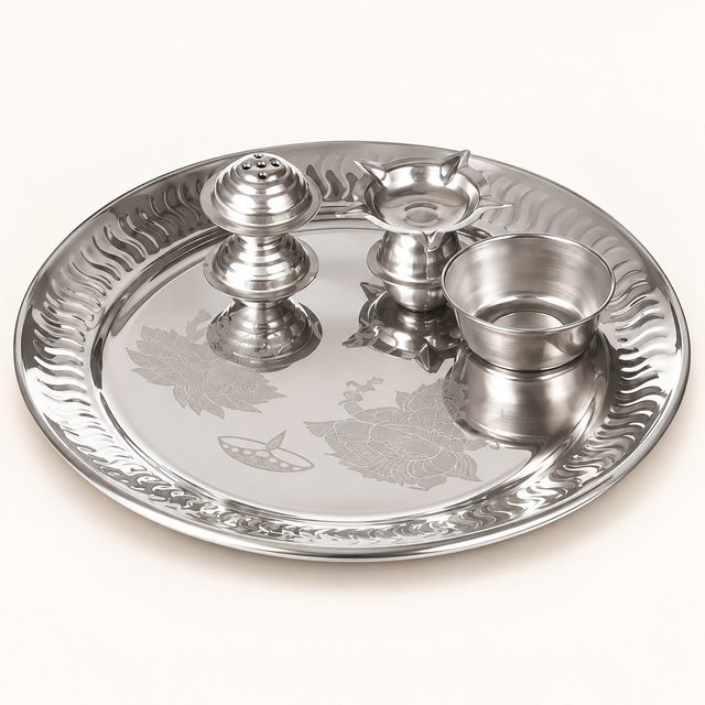 Silver mini pooja thali with agarbatti stand, diya and prasad bowl