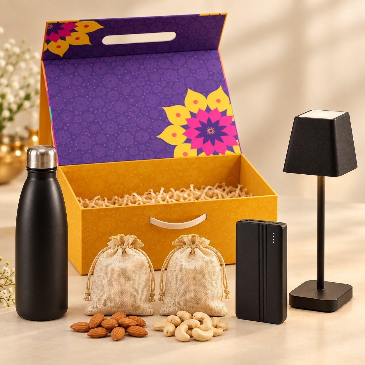 Celebrations set of 5: black steel bottle, almond and cashew pouches, black power bank and black table lamp before a purple magnetic box
