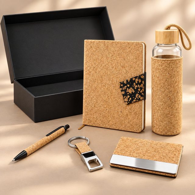 Cork set of 5: cork notebook, glass bottle with cork sleeve, cork pen, keychain and card holder beside a black gift box