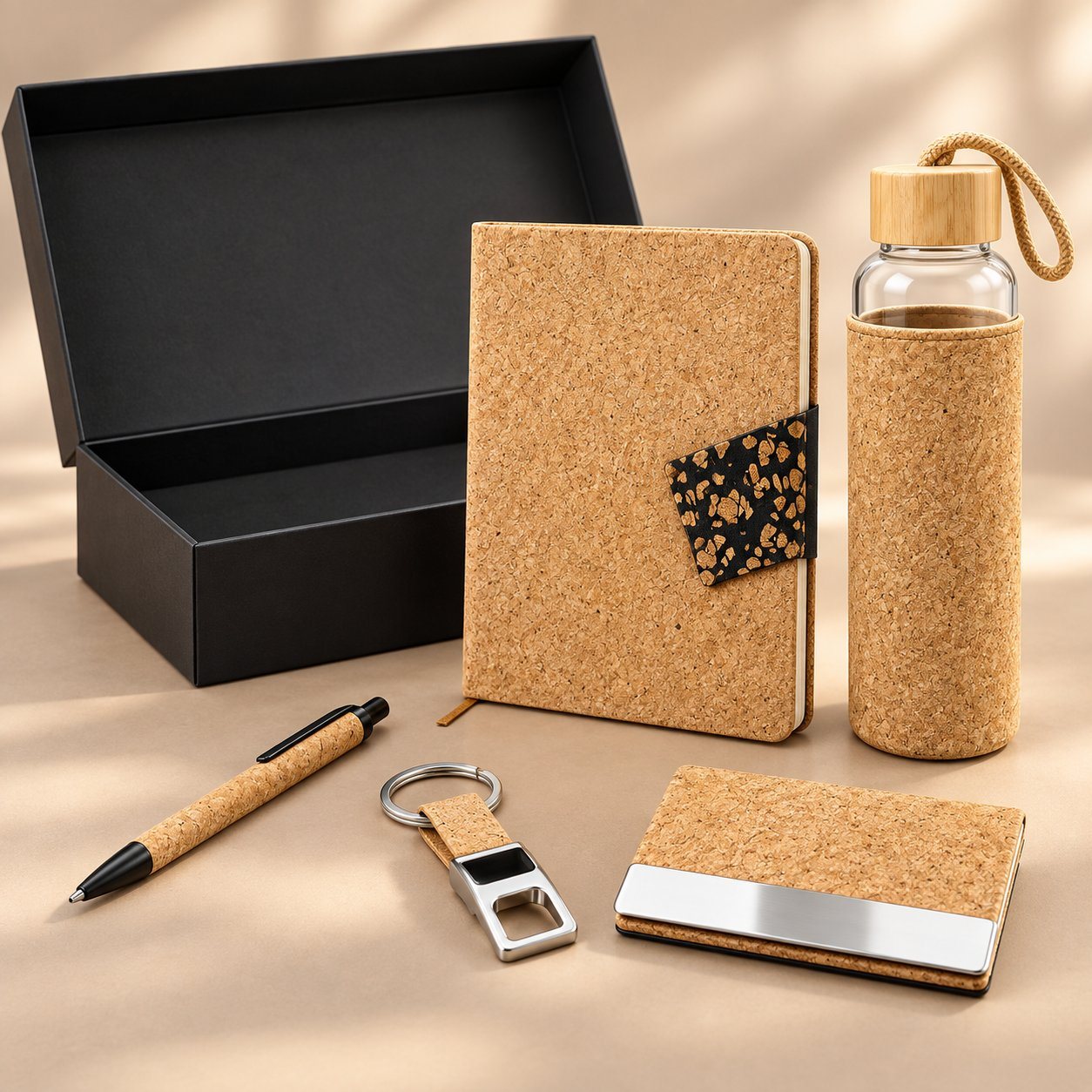 Cork set of 5: cork notebook, glass bottle with cork sleeve, cork pen, keychain and card holder beside a black gift box