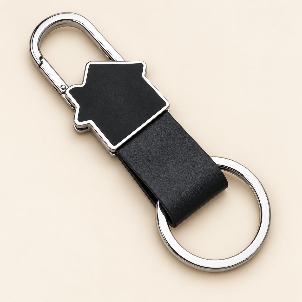 Black house-shaped metal keychain with PU leather strap, carabiner and key ring