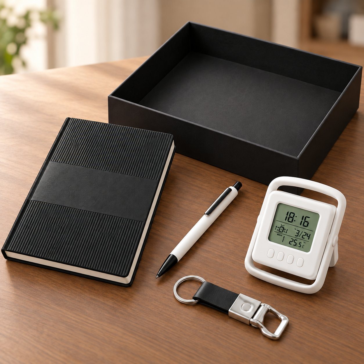 Compact set of 4: black A6 notebook, white pen, bottle-opener keychain and white folding clock beside a black gift box