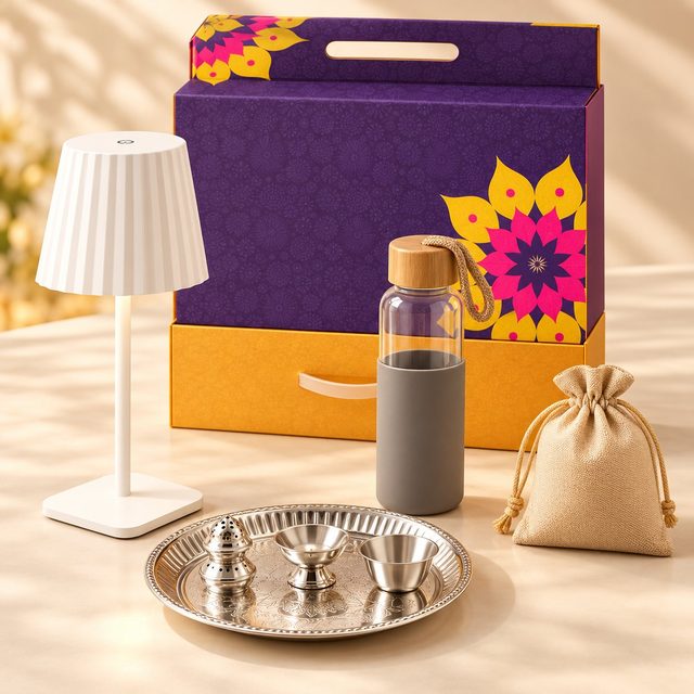 Celebrations set of 4: white pleated table lamp, glass bottle with grey sleeve, mini pooja thali and almond pouch before a purple magnetic box