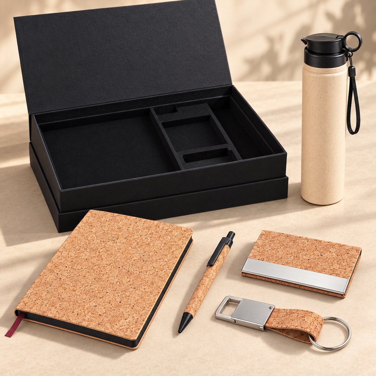 Cork five-piece gift set with insulated bottle