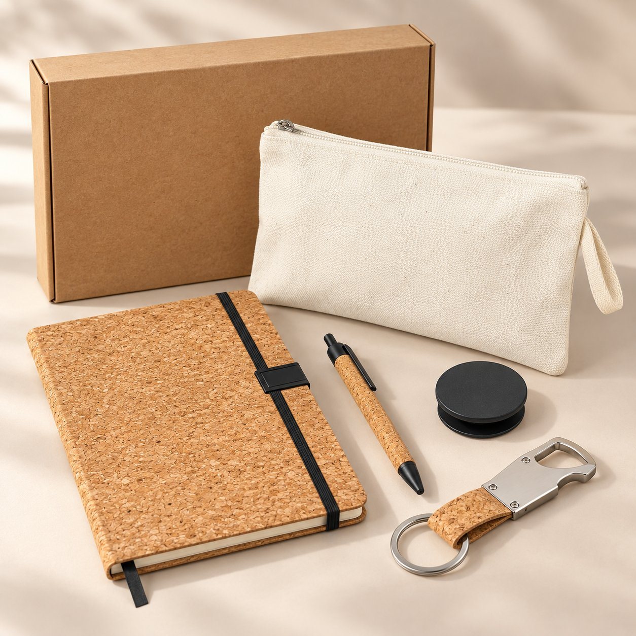 Cork kit: cork A5 notebook, cork pen, cork-strap keychain and black pop-out stand with a canvas pouch and kraft box