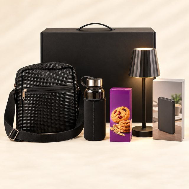Gift set of 5: black textured sling bag, glass bottle with sleeve, cookies, rechargeable lamp and power bank with a black gift box