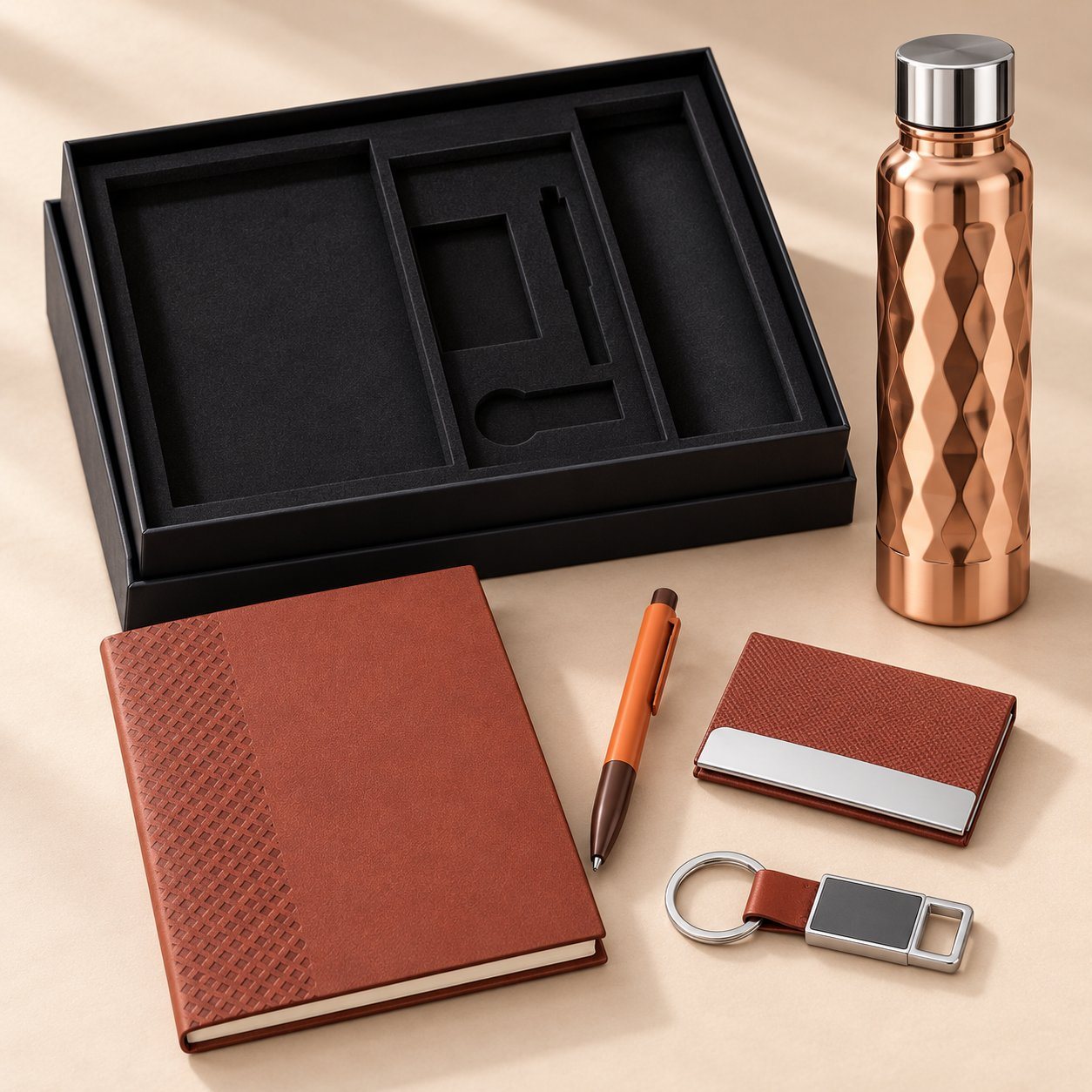 Tan five-piece gift set with prism bottle