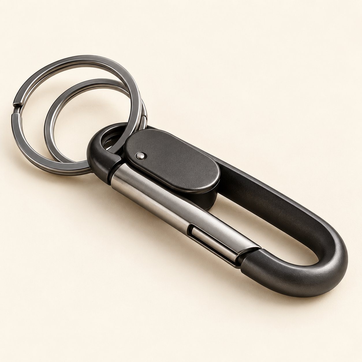 Gunmetal carabiner keychain with oval branding plate and two keyrings