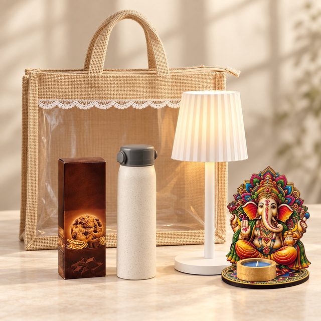 Celebrations set of 4: white pleated rechargeable lamp, bottle with phone-stand cap, cookie box and MDF Ganesha with diya before a jute bag