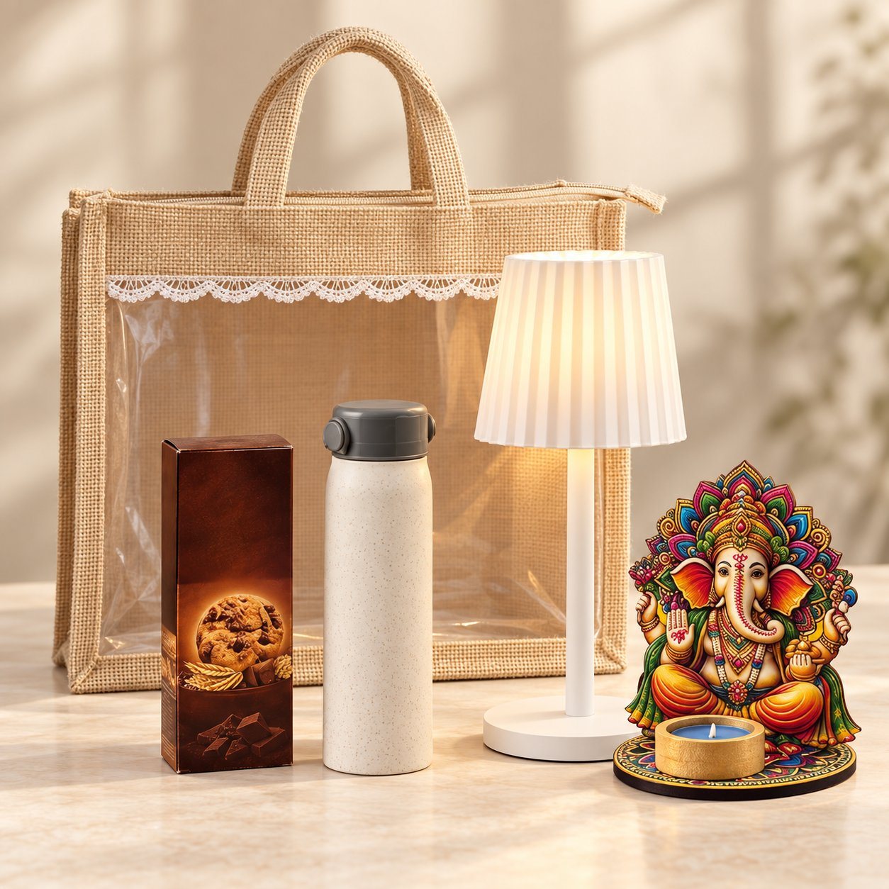 Celebrations set of 4: white pleated rechargeable lamp, bottle with phone-stand cap, cookie box and MDF Ganesha with diya before a jute bag